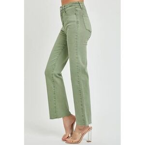 Risen Women High Rise Straight Olive Jeans Sz 29 Raw Hem Boho